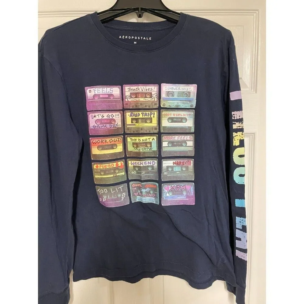 Aeropostale Long Sleeve Press Play Cassettes Graphic T-Shirt Mens M Womens L